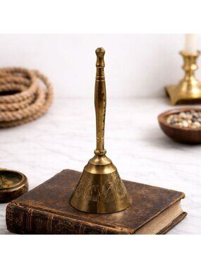 Vintage Engraved Brass Hand Bell 6" Ornate Decorative Farmhouse Bell